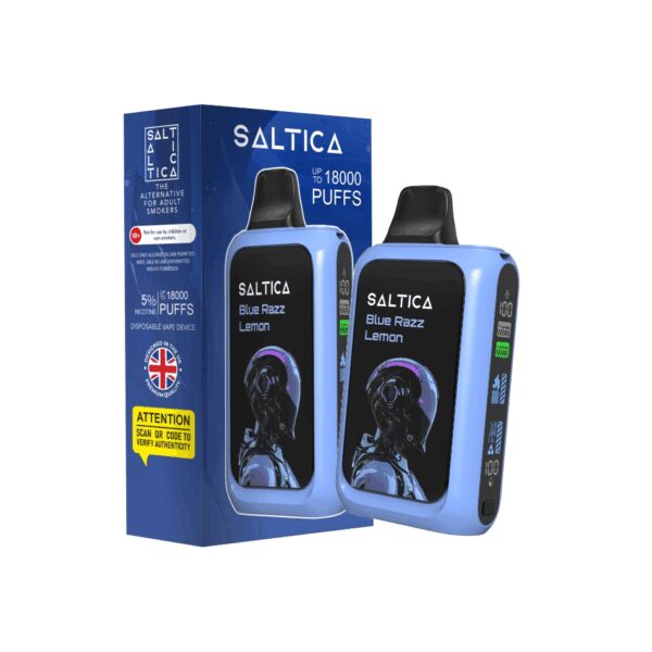 Saltica Cyber Blue Razz Lemon kullan-at vape, 18000 pufluk uzun ömür ve ferah yaban mersini-limon tadı sunar.