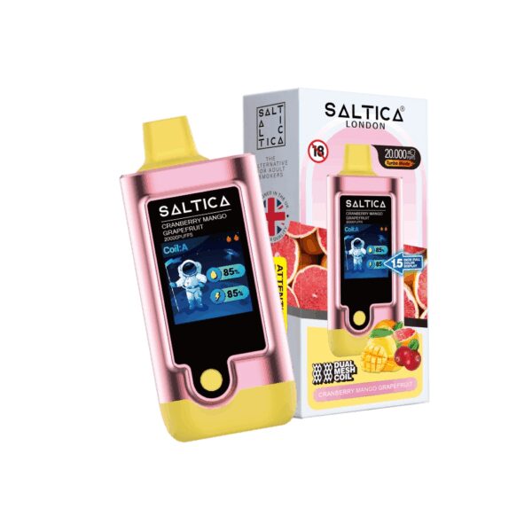 Saltica Digital 20000 pufluk kullan-at vape, ferahlatıcı kızılcık, mango ve greyfurt karışımı sunar.