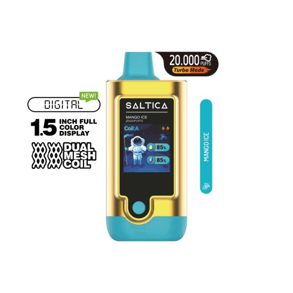 Saltica Digital 20000 Mango Ice kullan-at vape, taze mango esintisi ve yüksek kapasiteli salt nikotin sunar.