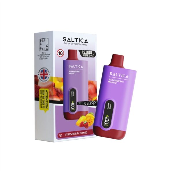 Saltica Ekranlı 12000 pufluk vape, çilek ve mango lezzeti sunar.